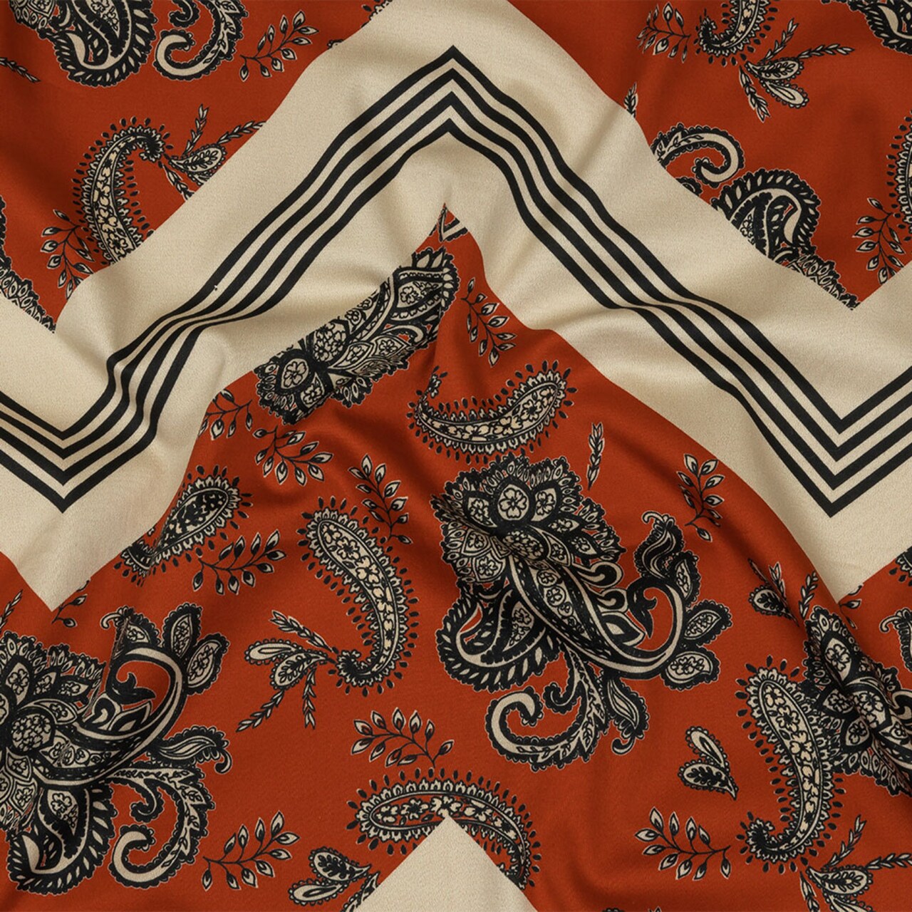 1 Yard White and Orange Paisley and Chevron Well Travelled Trails Print Stretch Cotton Sateen Fabric
